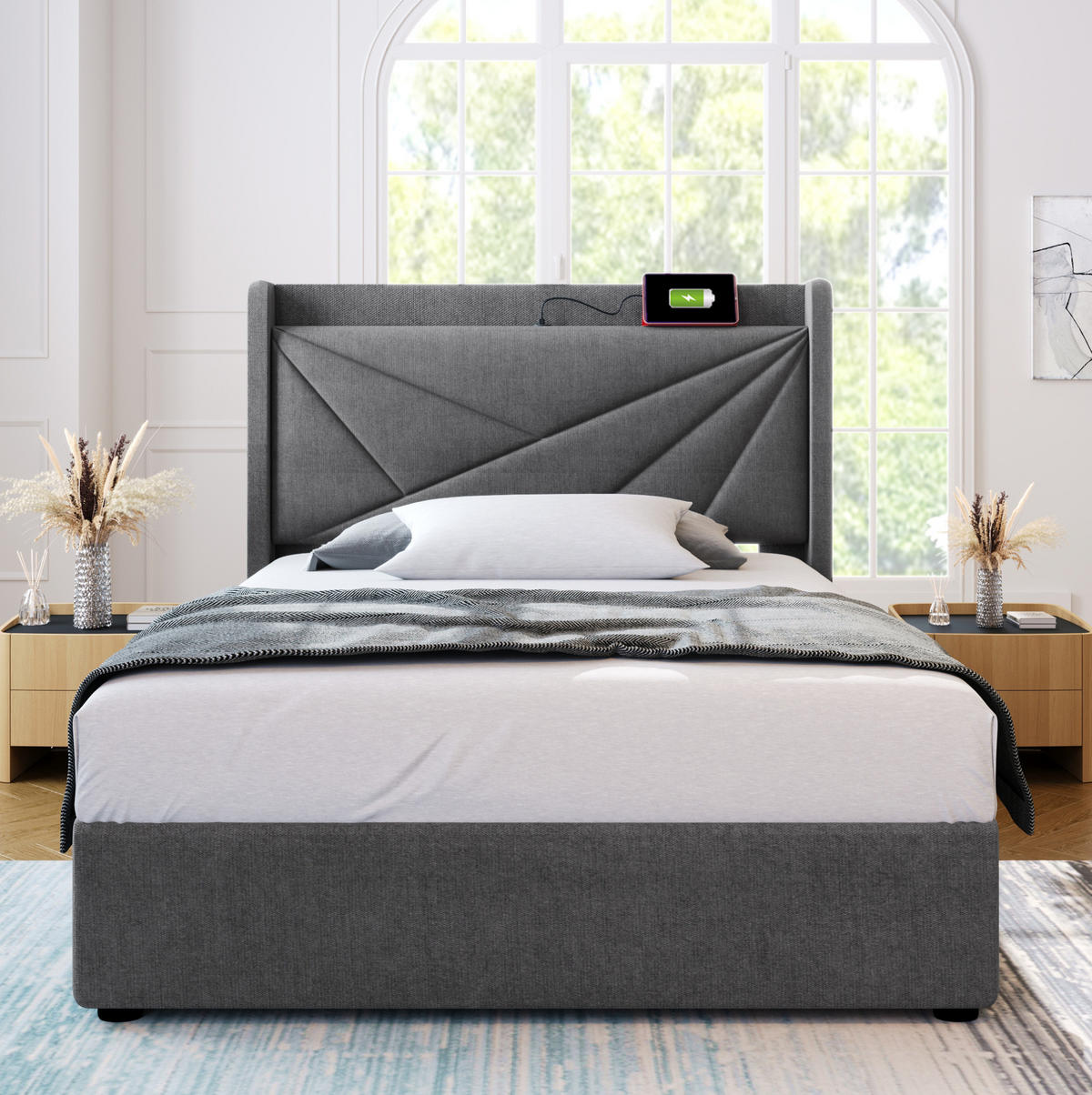 POLSTERBETT 90/200 cm Grau mit Bettkasten, Matratze und USB- und Type-C-Anschlüssen - Grau, Textil (90/200cm) - Flora Grace