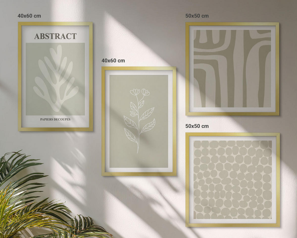 BILDER SET 4er Set - 50x50 cm & 40x60 cm Goldrahmen - Pflanzen- und geometrische Muster - Goldfarben, Kunststoff (50/50cm) - TULUP
