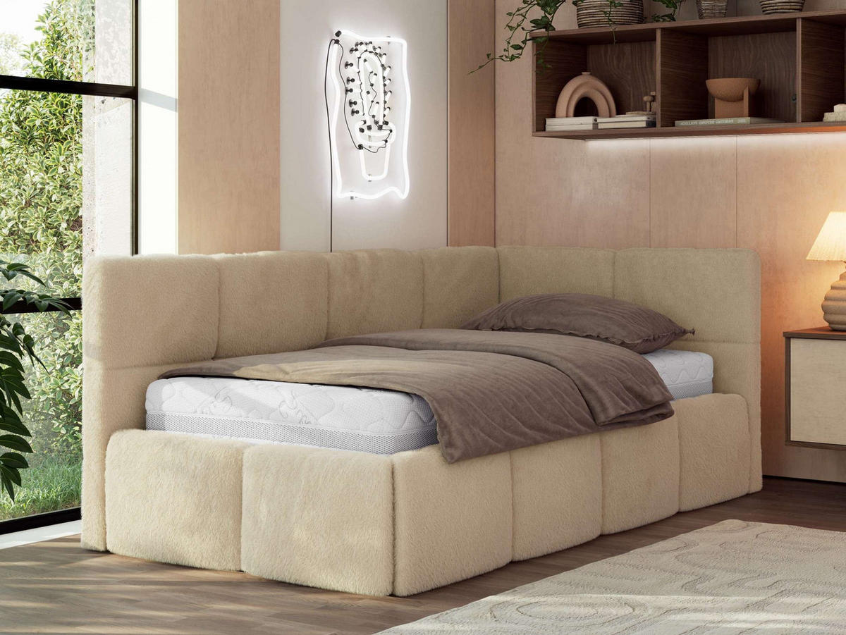 JUGENDBETT ARVO 90/200 - Beige Plüsch - Pocket-Matratze - Rechts Seite - Beige, Textil (90/200cm) - MKS