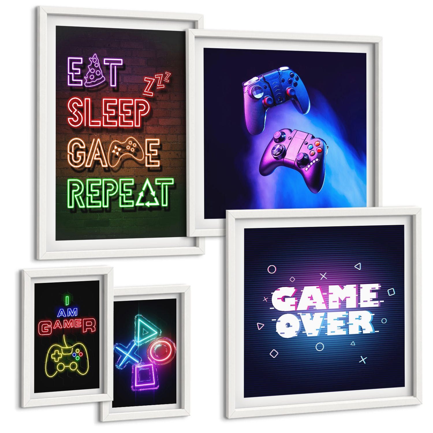 BILDER SET 5er Set - 50x50 cm & 20x30 cm & 40x60 cm Weißer Rahmen - Gamepads, Spielersymbol-Untertitel - Weiß, Kunststoff (40/60cm) - TULUP