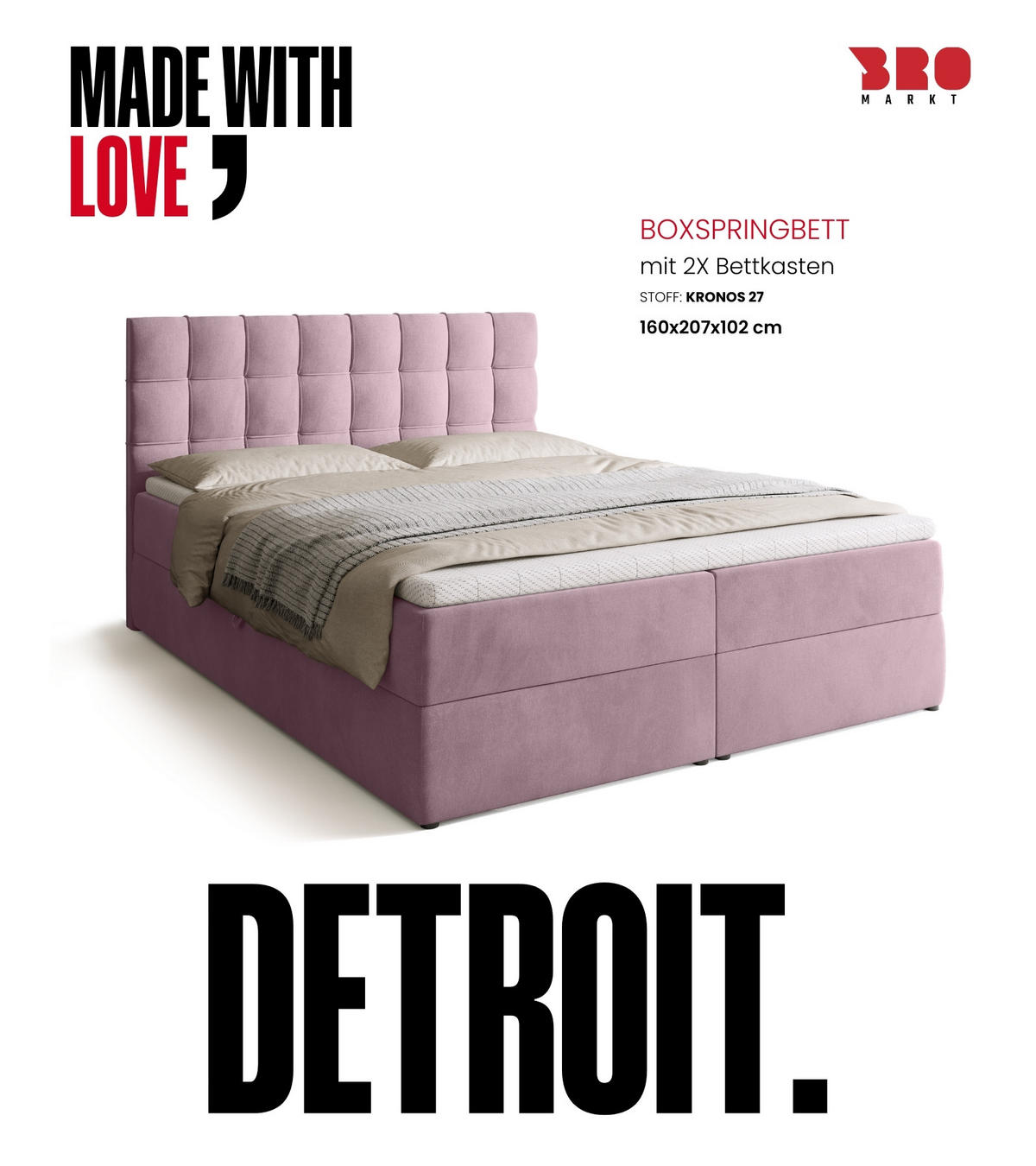 BOXBETT Detroit mit Topper 160/200 Rosa - Rosa, Holzwerkstoff/Textil (160/200cm) - Bromarkt