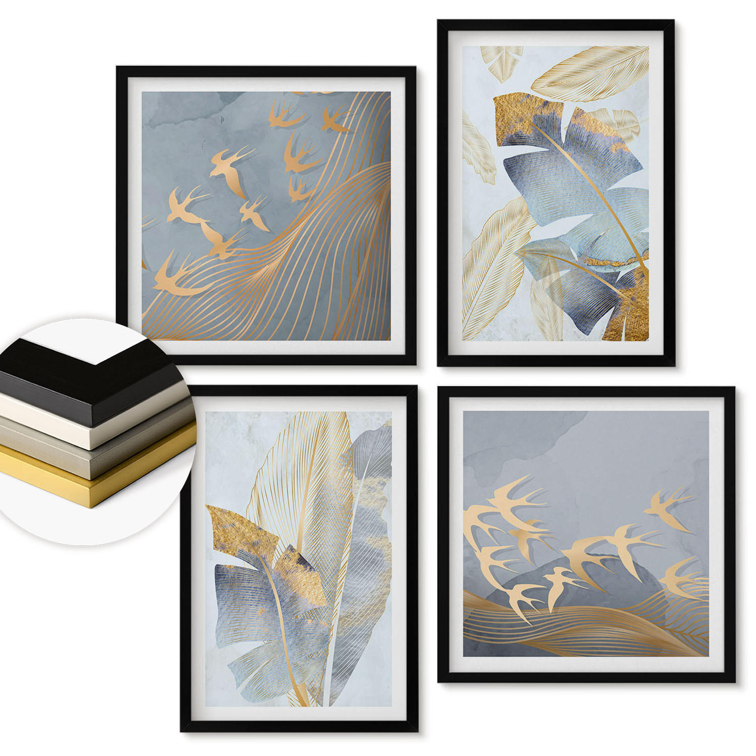 WANDBILDER 4er-Set - 50x50 cm & 40x60 cm Schwarzer Rahmen - Blaubeige Blätter im Hintergrund - Schwarz, Kunststoff (50/50cm) - ArtPrintCave