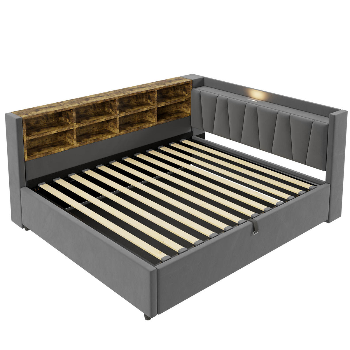 SCHLAFSOFA 140/200 cm in Dunkelgrau Samt mit Bettkasten, LED, USB, Type-C und Ablagen - Dunkelgrau, Holzwerkstoff/Textil (140/200cm) - WISHDOR