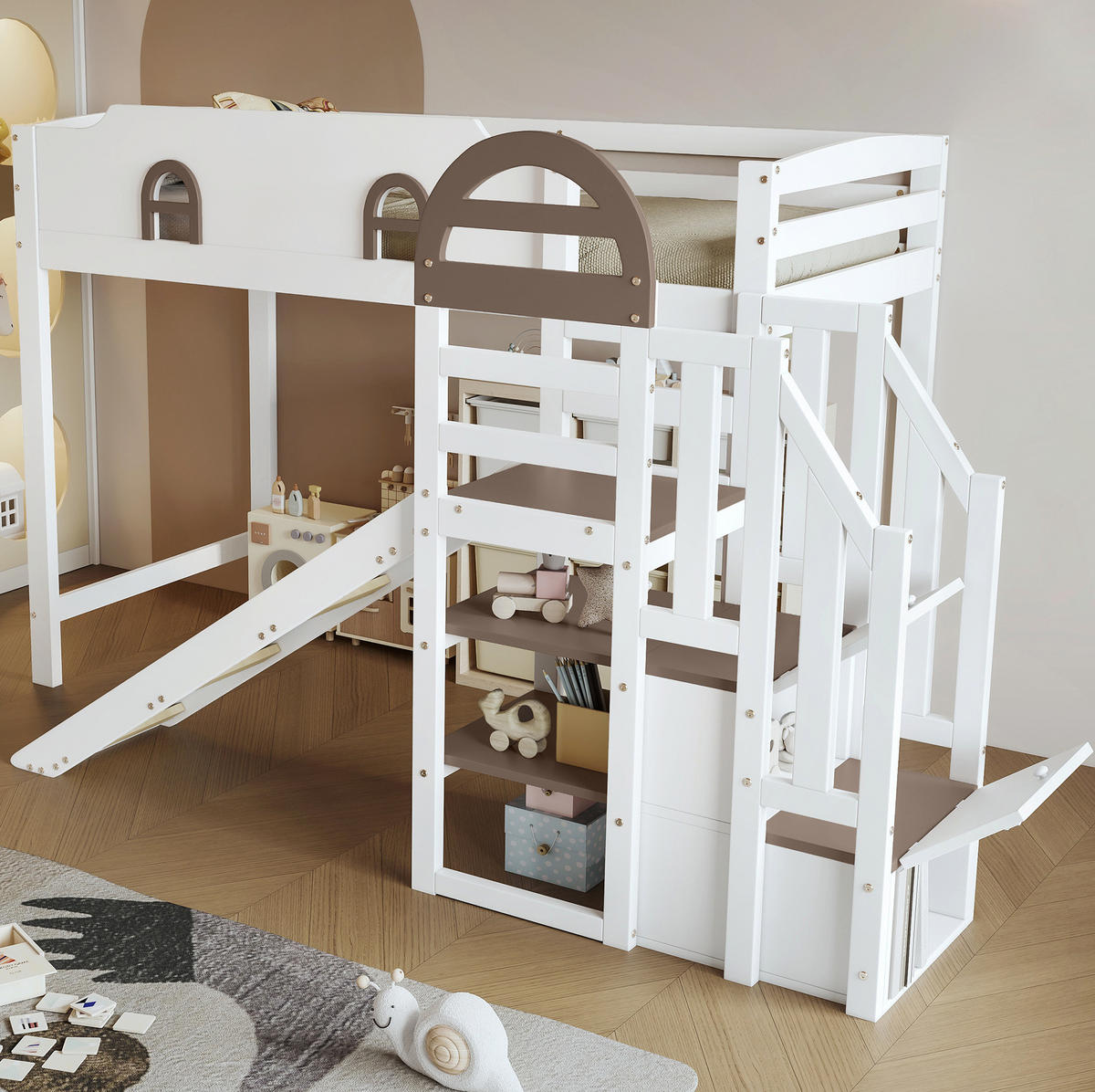 ETAGENBETT 90/200 cm Weiß mit Rutsche und Stauraum aus Kiefer und MDF - Weiß, Holzwerkstoff (90/200cm) - OKWISH