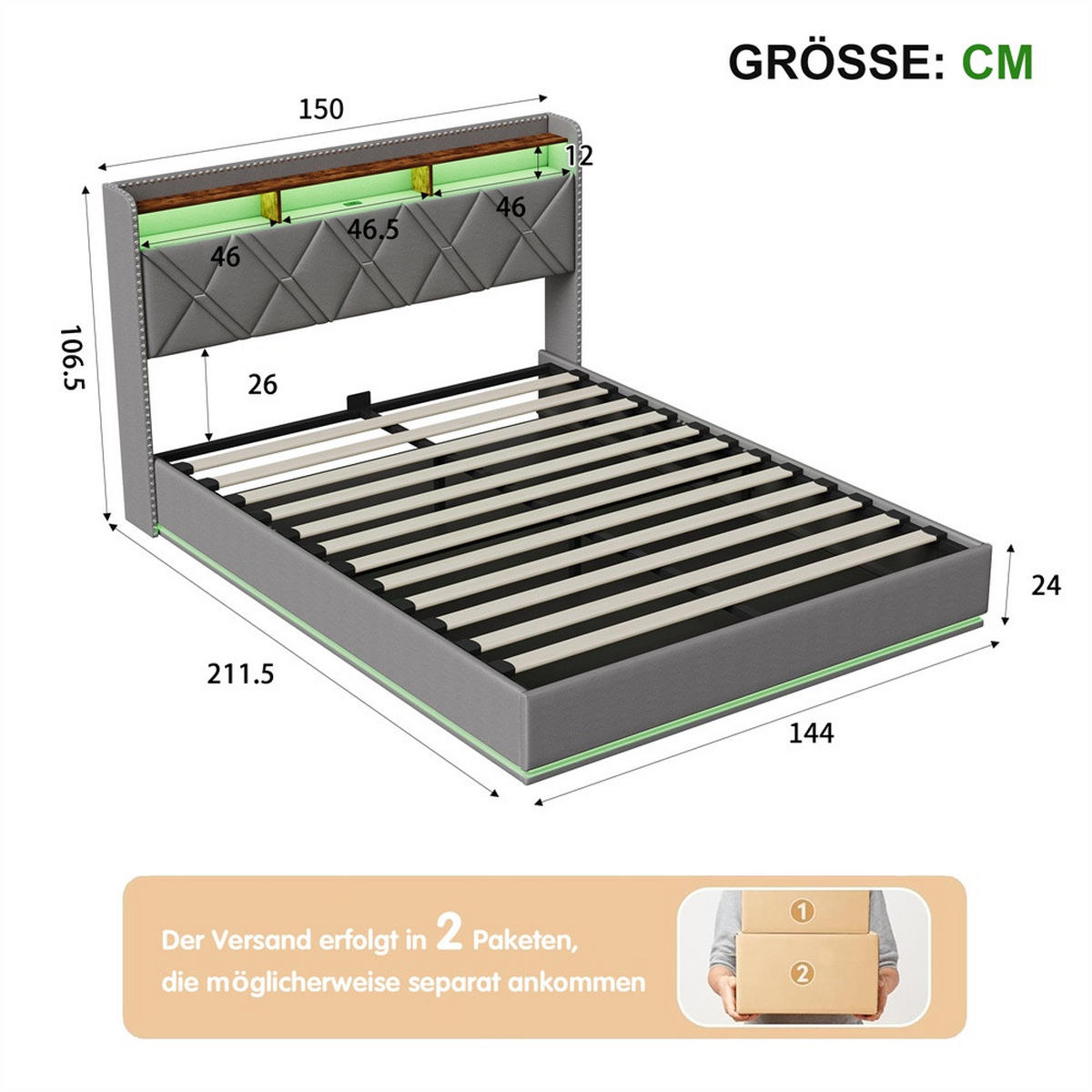 POLSTERBETT 140x200cm mit hydraulischer Hebefunktion - USB Type-C und LED-Beleuchtung - ohne Matratze - Grau - Grau, Textil (140/200cm) - DELFA