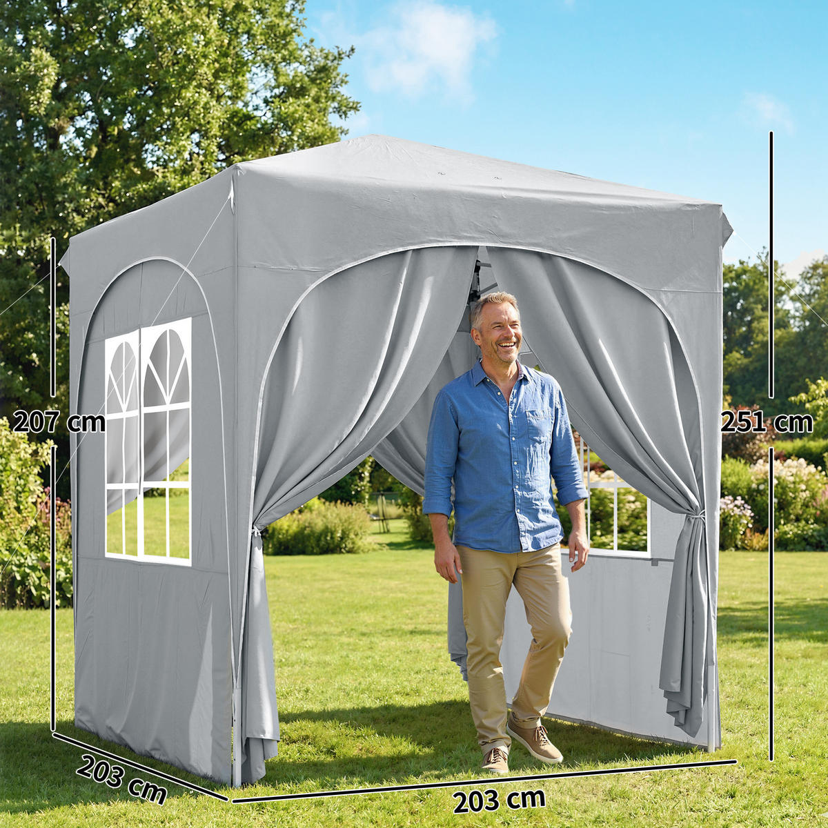 PAVILLON DE-14057 Pop-up 2/2 m, höhenverstellbar, UV50+, 4 Seitenwände Hellgrau - Hellgrau, Metall (203/251/203cm) - ComfortXL