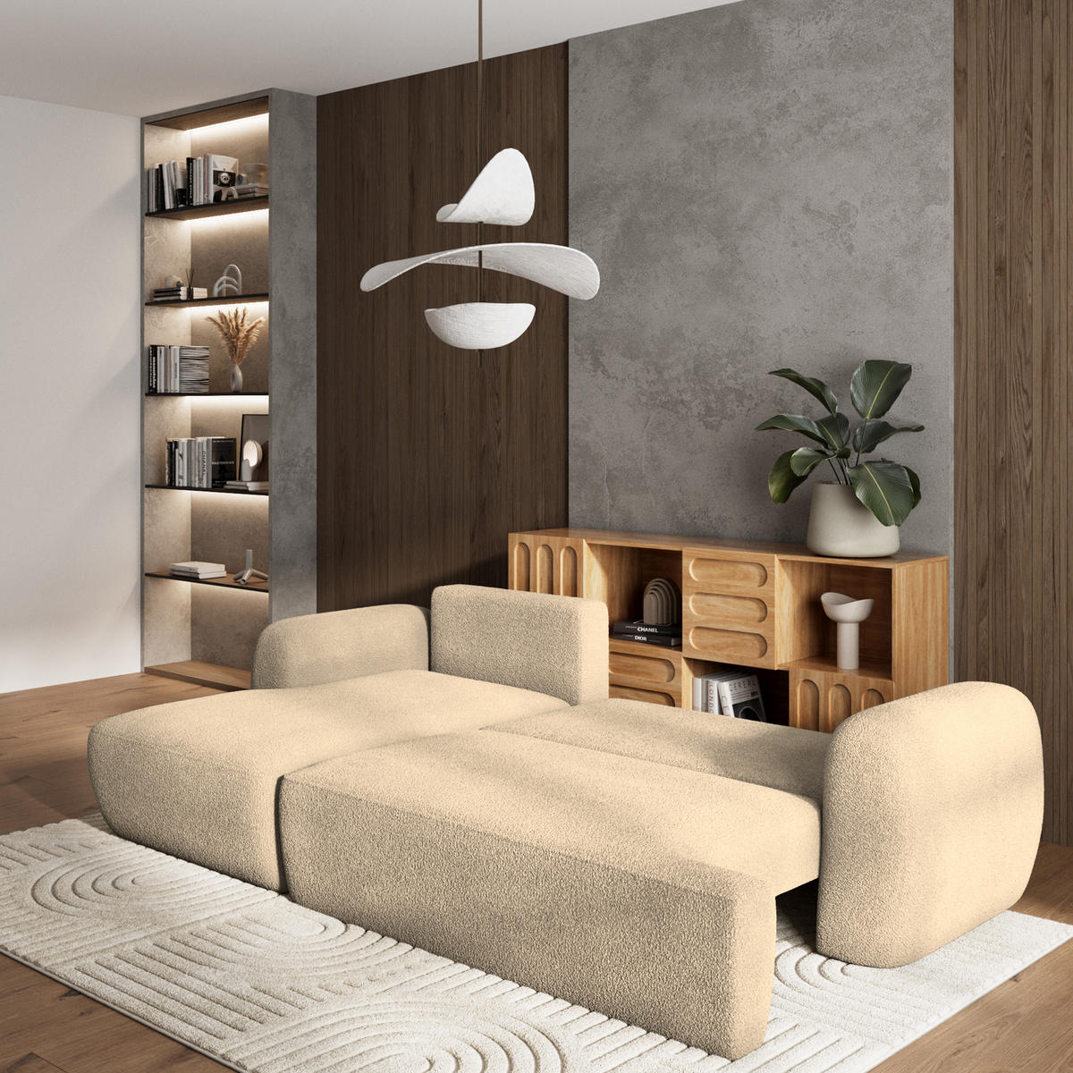 ECKSOFA MODENZA N L-S Creme Boucle-Stoff mit Schlaffunktion - Creme, Holz (266/148cm) - MASSENO