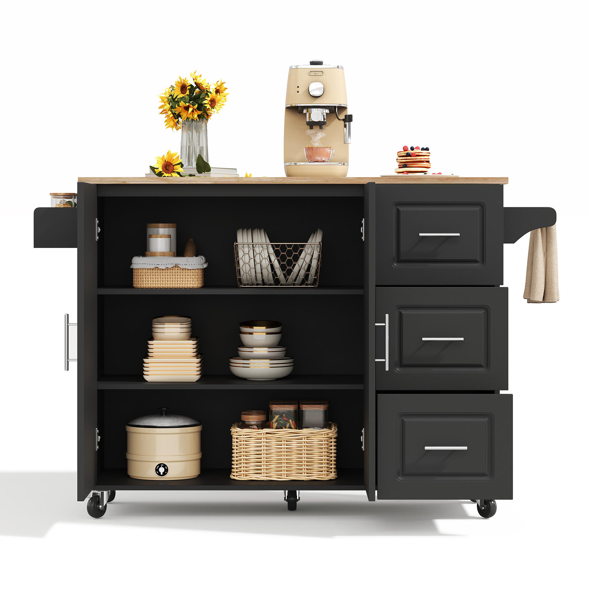 KÜCHENINSEL 137/43(76)/92 cm schwarz klappbar 3 Schubladen & Rollen - Schwarz, Holzwerkstoff (137/92/76cm) - OKWISH