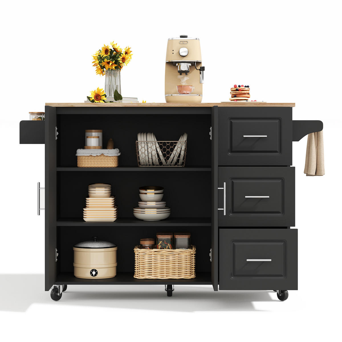 KÜCHENINSEL 137x76x92cm Schwarz mit Klappplatte, Schrank, 3 Schubladen & Rollen - Schwarz, Holzwerkstoff (137/92/76cm) - Modfu