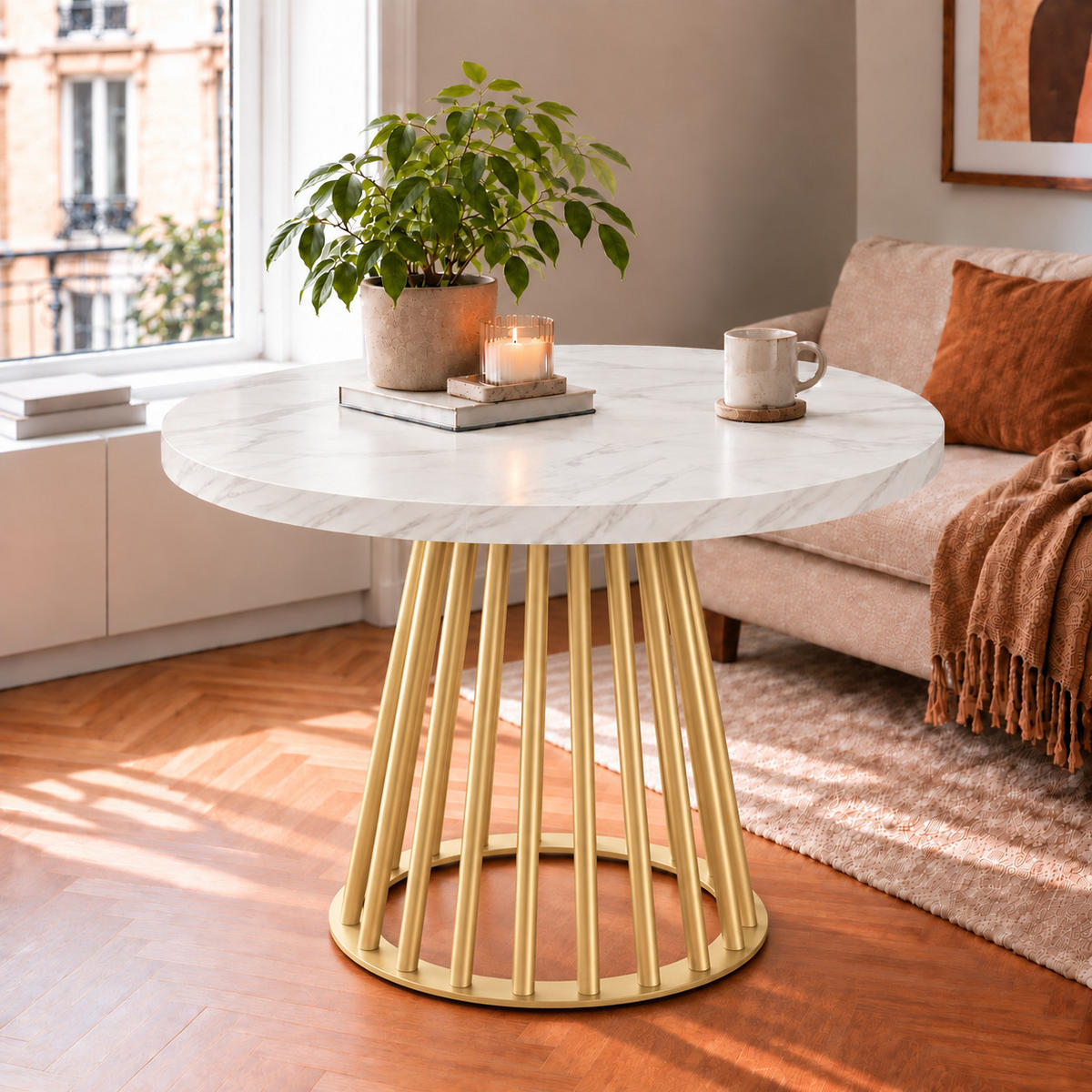 ESSTISCH rund ausziehbar 90/190/76 cm, Marmor, 54 cm Tischplatte + Lamellen-Metallgestell Gold - Goldfarben/Hellgrau, Holzwerkstoff/Metall (90/190/76cm) - Damale Möbel
