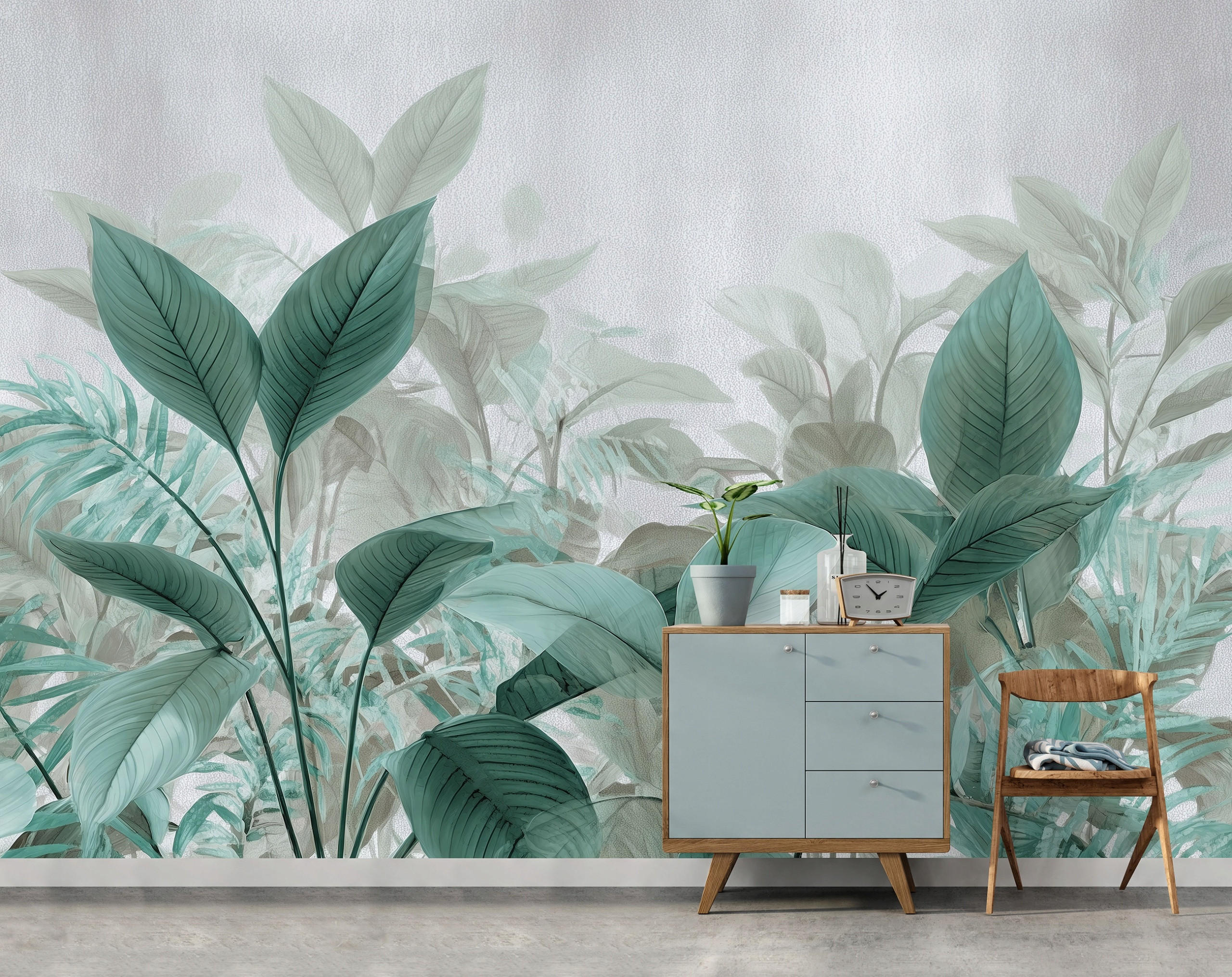 FOTOTAPETE Blätter Grün Betonwand Natur Wohnzimmer 300x210 - Multicolor, Papier (300/210cm) - Wallarena