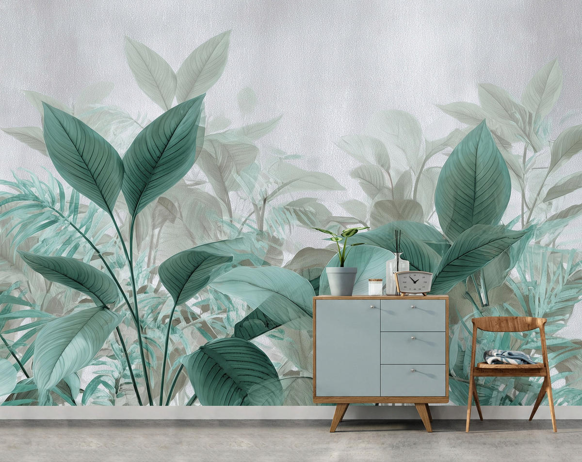 FOTOTAPETE Blätter Grün Betonwand Natur Wohnzimmer 200x140 - Multicolor, Papier (200/140cm) - Wallarena