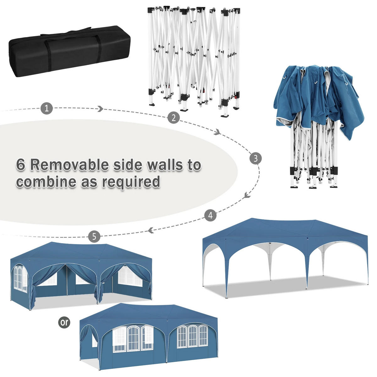 PAVILLON 3x6 m Blau mit 6 Seitenwänden - Blau, Textil/Metall (583/293cm) - Kaket