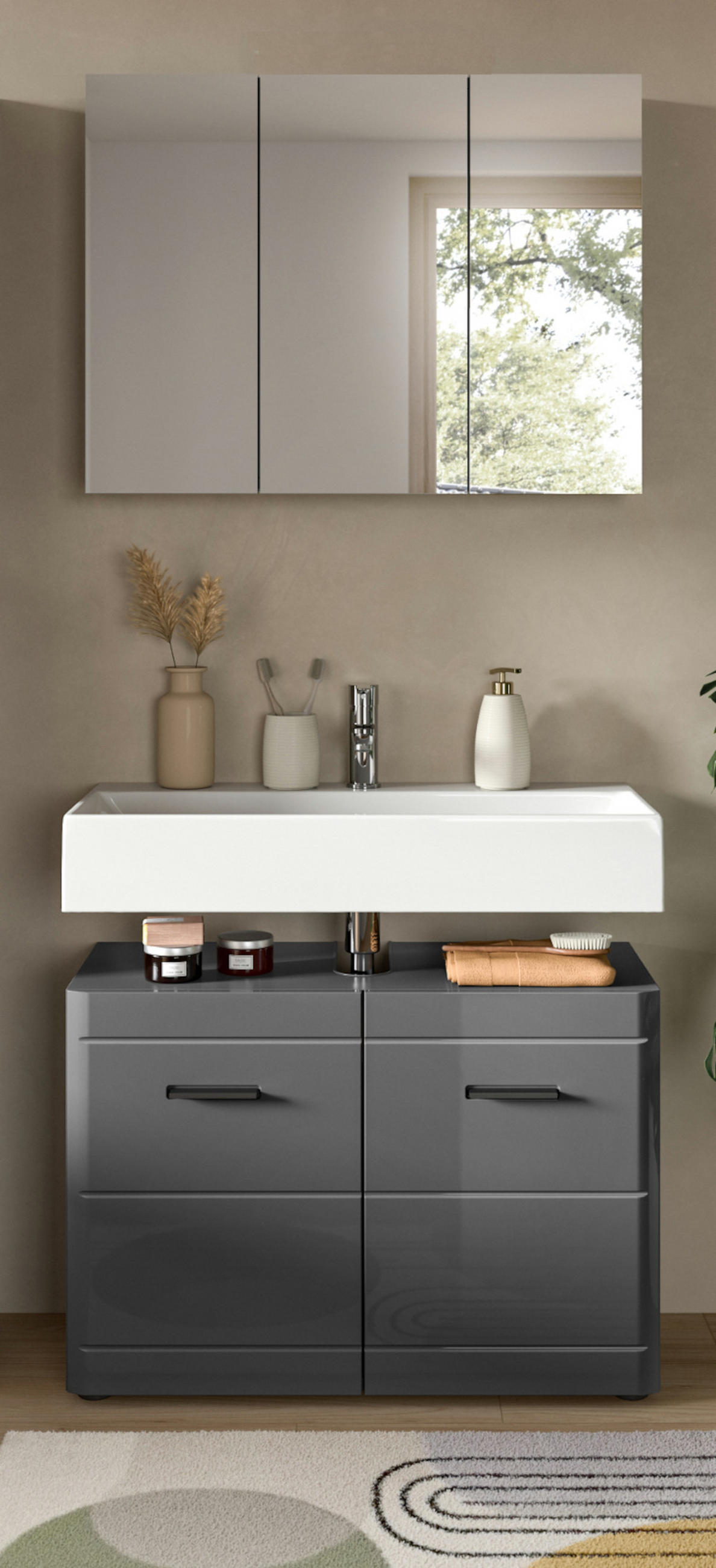 BADMÖBEL-SET 2-teilig grau Hochglanz 80 cm, Badschränke mit Soft-Close - Grau, Glas/Holzwerkstoff (80/190/34cm) - Inn.Furn