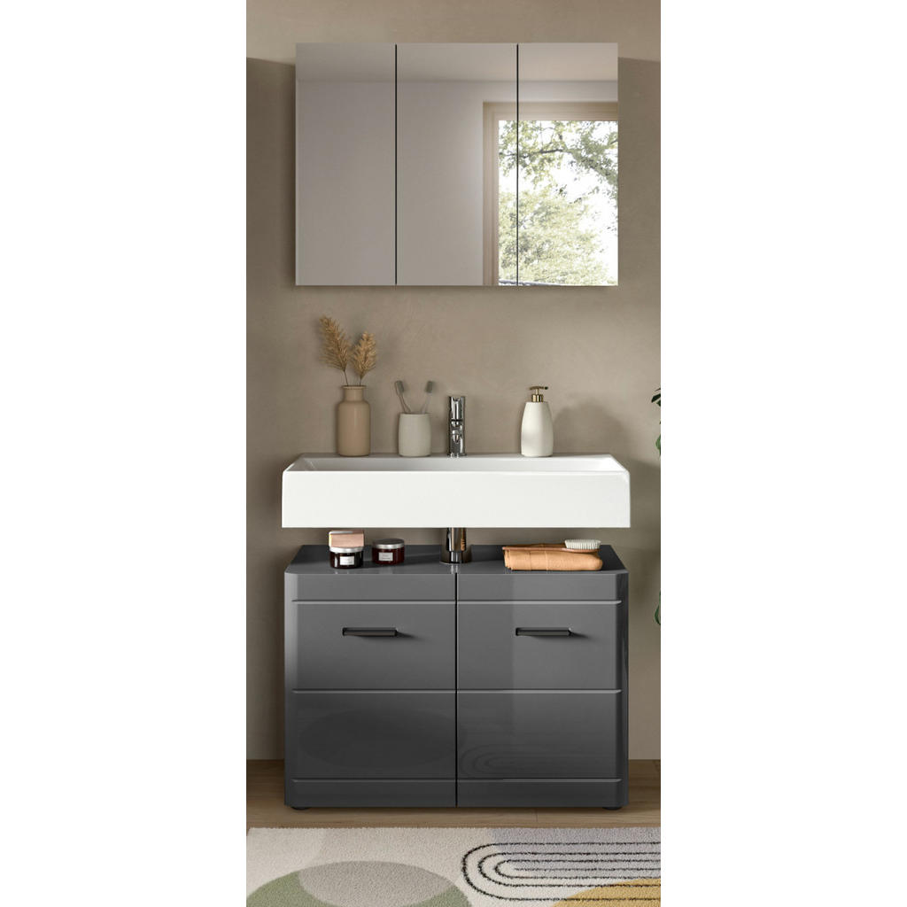 Thumbnail - Inn.Furn Spiegelschrank, Grau, Glas, Holzwerkstoff, Metall, Nachbildung, Uni, 6 Fächer, Rechteckig, 80x60x15 cm, FSC Mix...