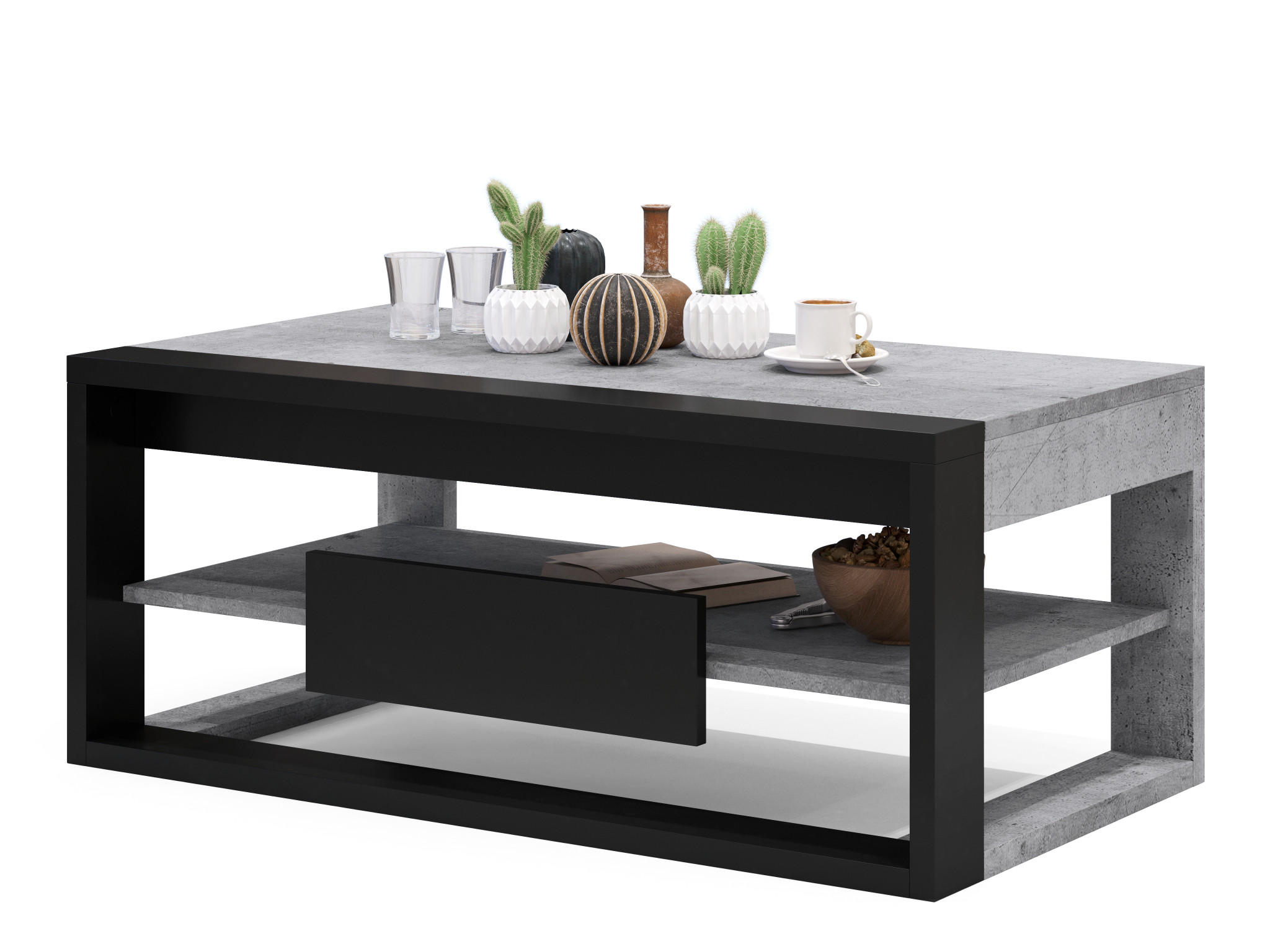 COUCHTISCH rechteckig Beton Schwarz aufklappbar - Hellgrau/Schwarz, Holzwerkstoff (60/110/45cm) - designimpex