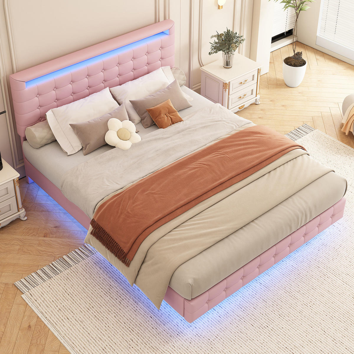 ČALÚNENÁ posteľ z PU a MDF 140x200 cm ružová s LED osvetlením, nastaviteľným čelom a plávajúcim dizajnom - ružová, koža (140/200cm) - Modfu