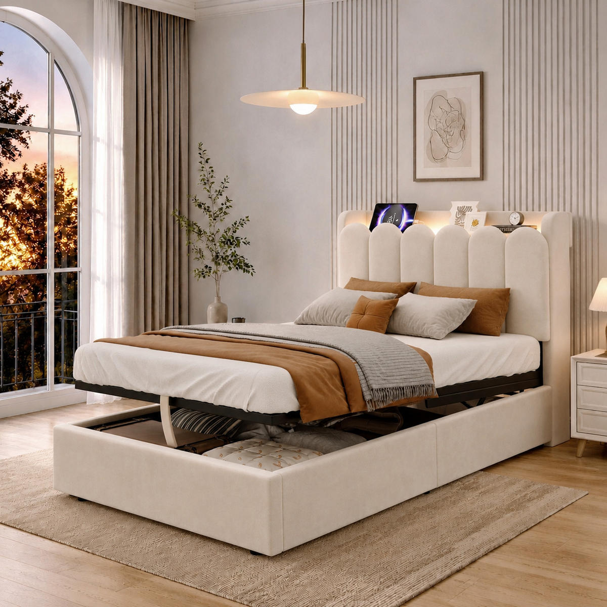 POLSTERBETT 90/200 cm in Beige mit Bettkasten, USB, Type-C und Leselampe aus Samt im Kopfteil - Beige, Holzwerkstoff/Textil (90/200cm) - STILVORA