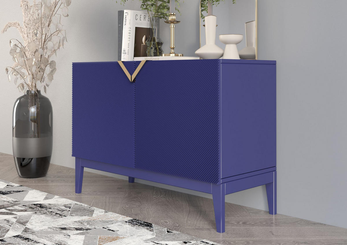 SIDEBOARD Demi 2D Long, Marinblau-Gold, Mit Gefrästen Fronten, Massive Buche - Dunkelblau, Holz/Holzwerkstoff (100.5/70/42cm) - Visby
