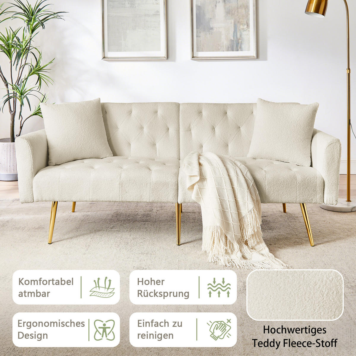 SCHLAFSOFA 177/78/74 cm in Beige Teddyfell mit Aufbewahrungstasche - Beige, Textil (177/74/78cm) - Oxeza