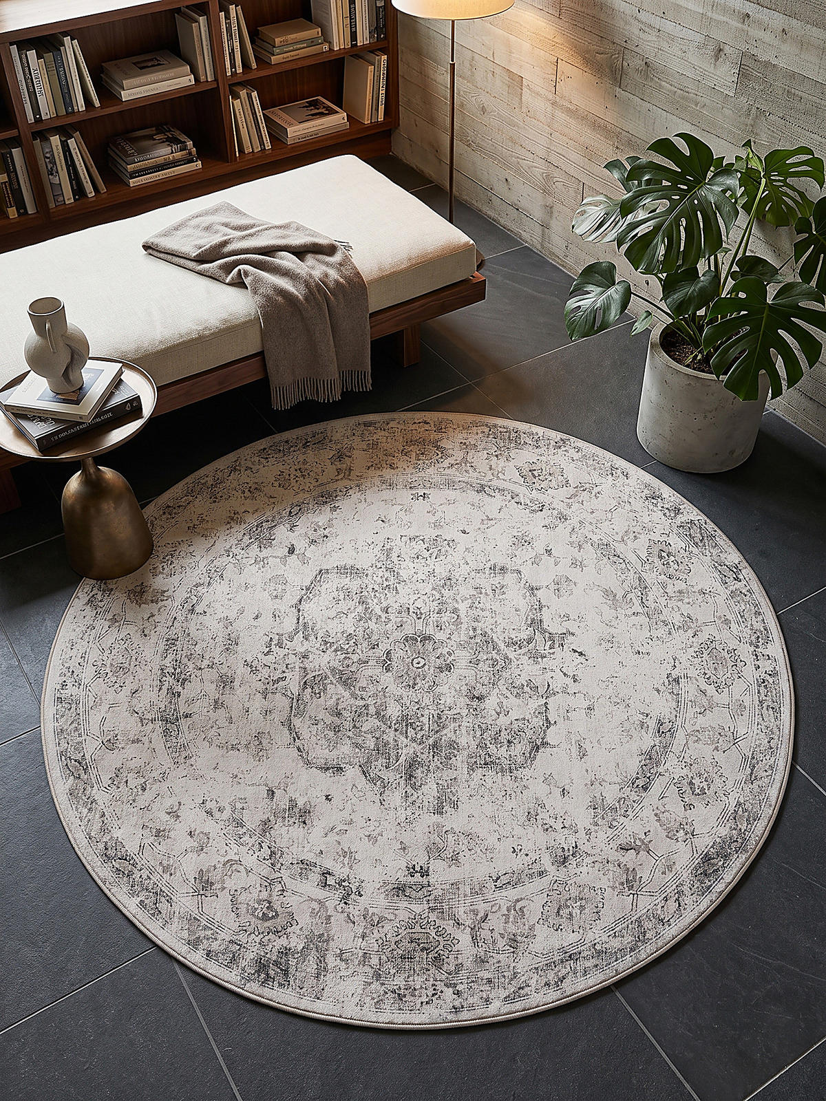 TEPPICH Kurzflor, waschbar, mit floralen Ornamenten, VERNANTE in Beige-Grau, Ø 160 cm - Beige, Textil (160/160cm) - KADIMA DESIGN