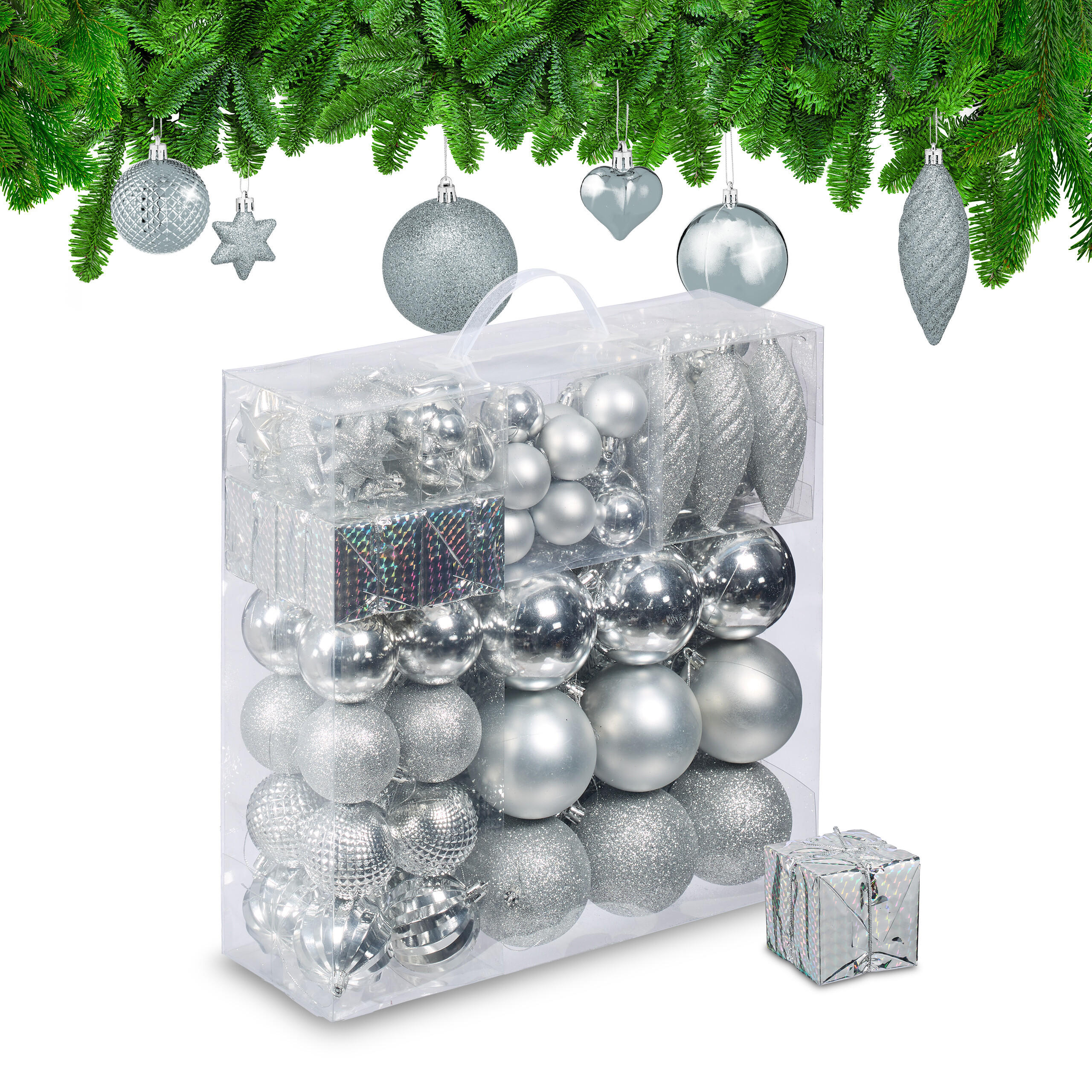 WEIHNACHTSKUGELN-SET 110-tlg. - Silberfarben, Kunststoff (8/9/8cm) - Relaxdays