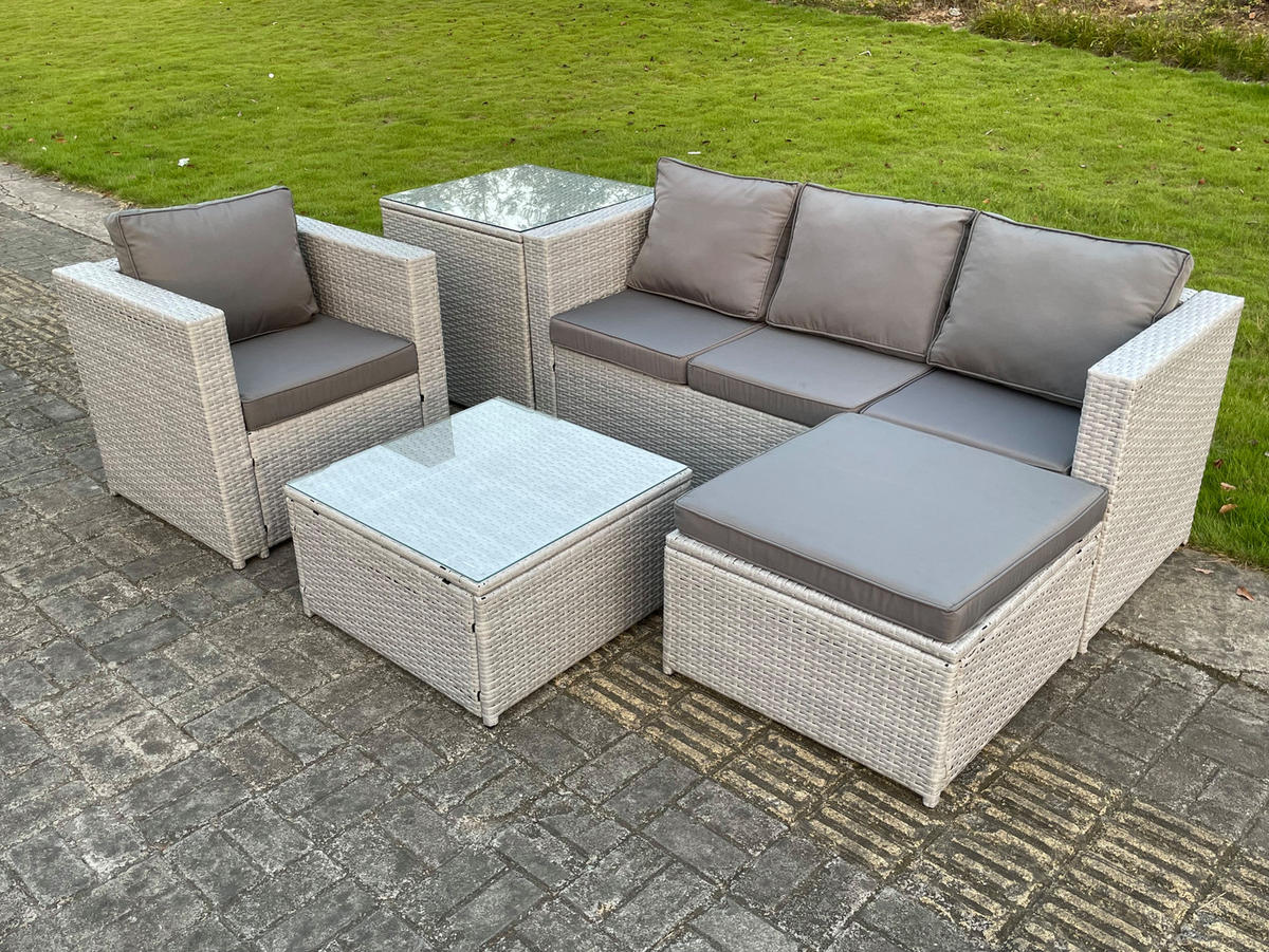 GARTENSOFA Polyrattan Helles Grau 5-Sitzer - Hellgrau, Metall - Fimous