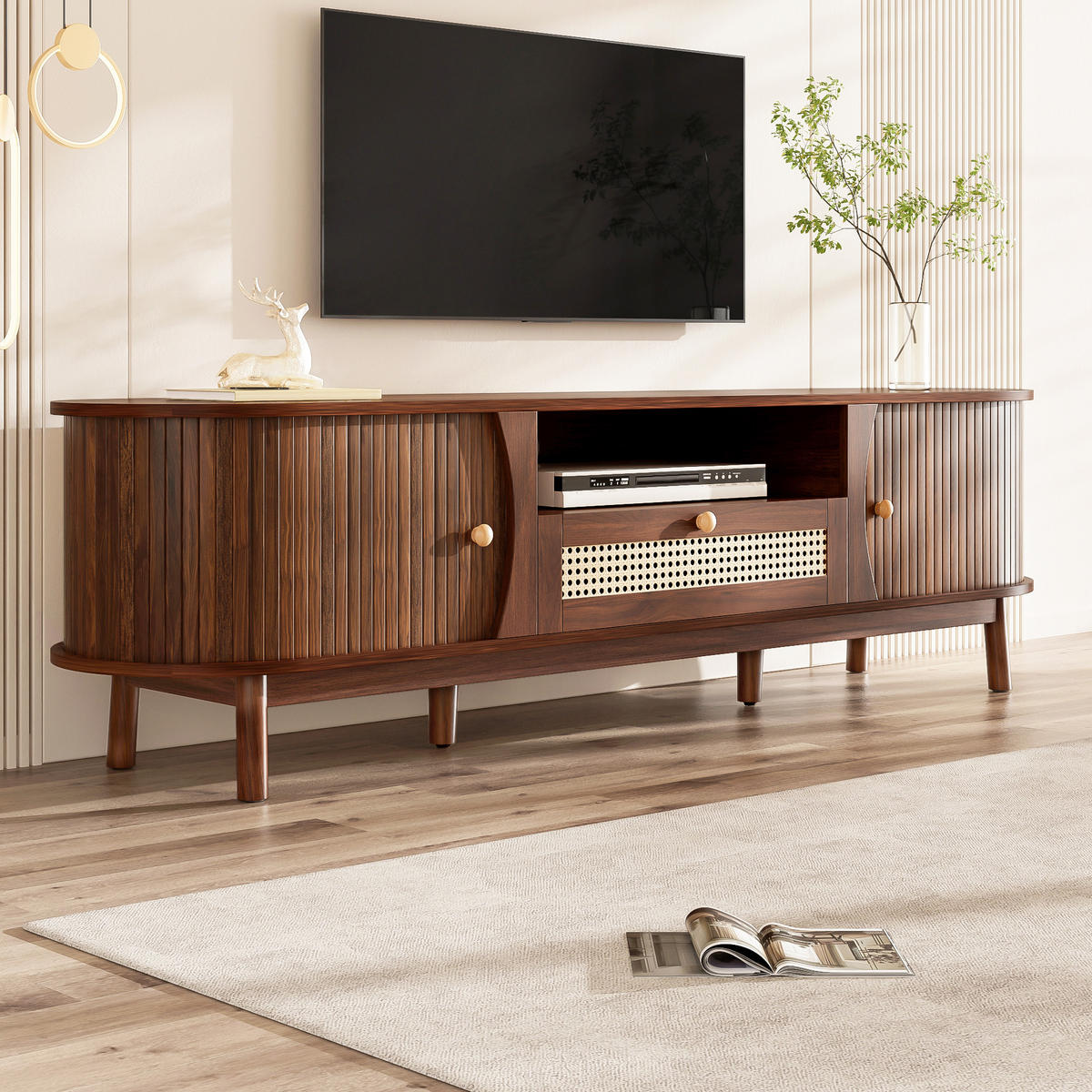 TV-ELEMENT165X37X46CM Rattan-Schiebetüren Nussbaum-Optik Landhausstil - Walnussfarben, Holz (44.5/12.6/178.99cm) - Raelunyi