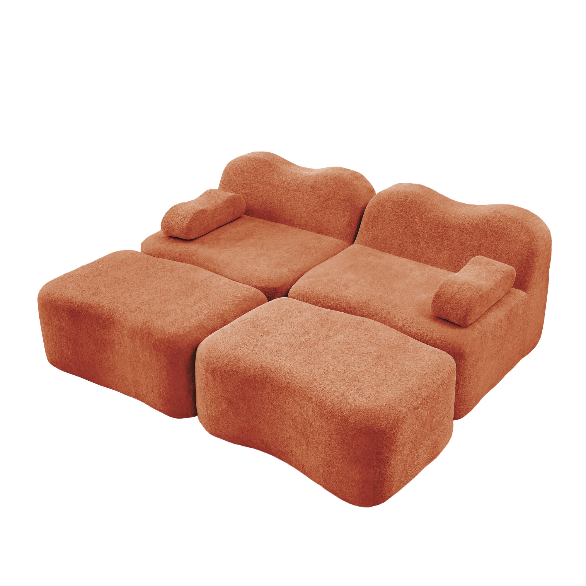 2-SITZER SOFA Samt Orange mit 2 Hockern - Orange, Textil (192/70/167cm) - WISHDOR
