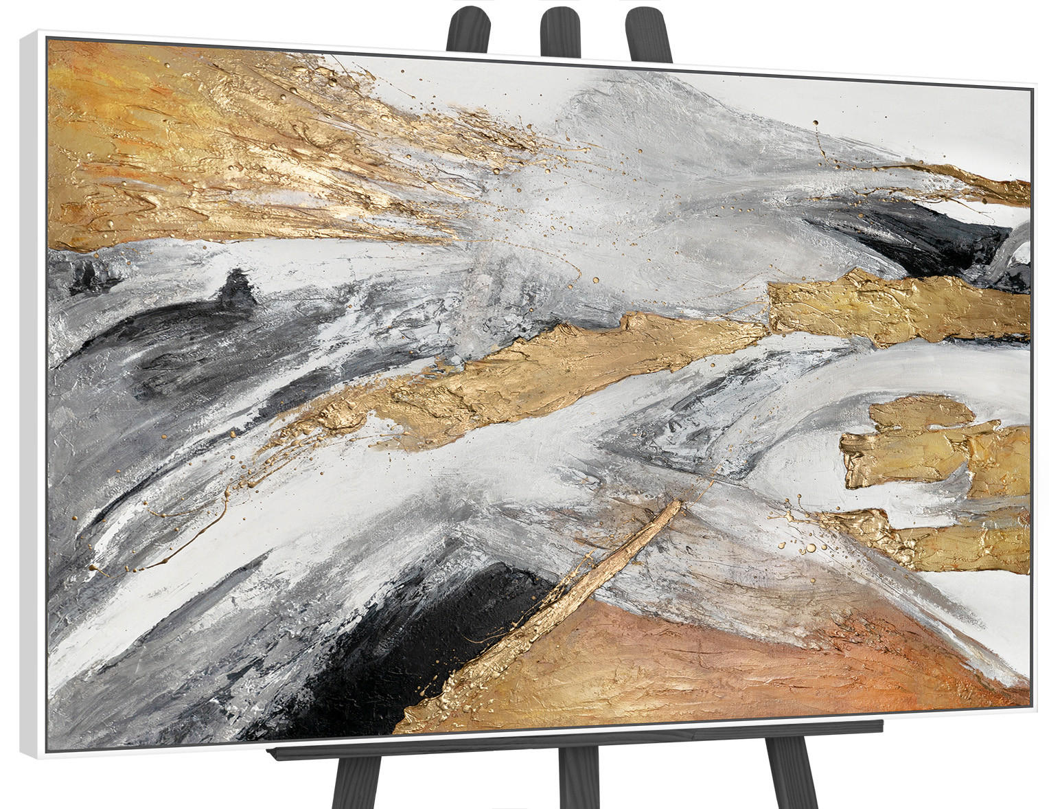 GEMÄLDE Goldene Symphonie II Schattenfugenrahmen Weiß 120x80 cm - Weiß, Holz (120/80cm) - YS-art gallery