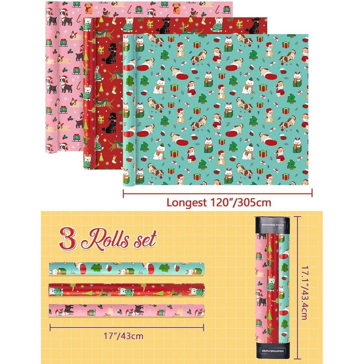 GESCHENKPAPIER 3 Rollen Set Weihnachtshunde 43 cm x 3 m - Multicolor, Papier (43/1/305cm)