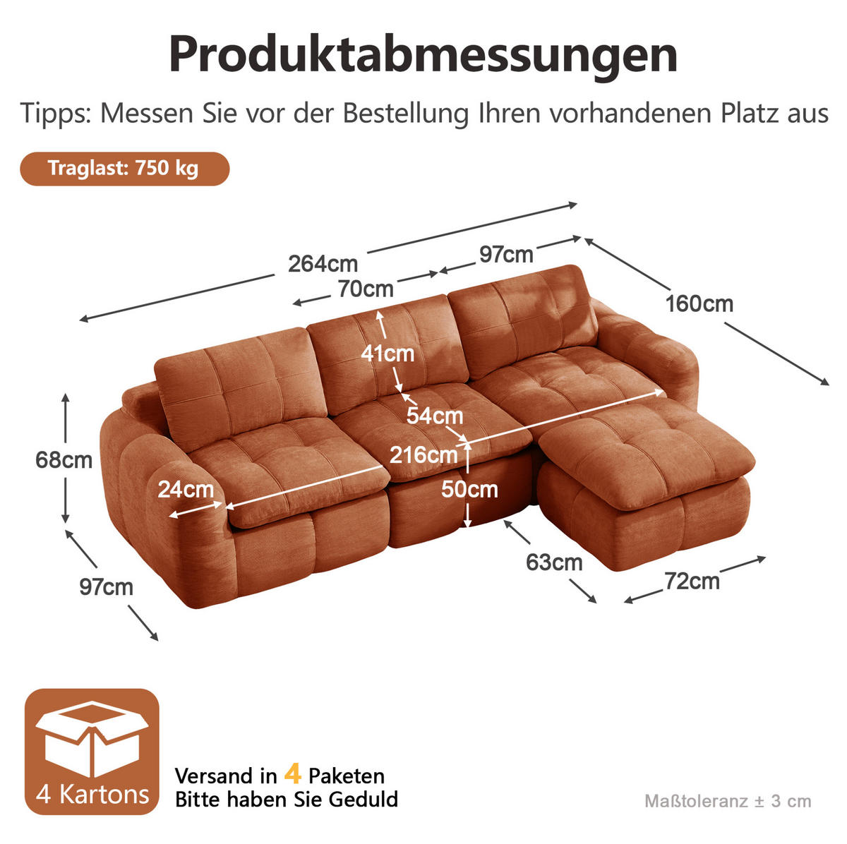 SOFA 264/160/68 cm in Orange aus Chenille mit Ottoman - Orange, Textil (160/68/264cm) - Flora Grace