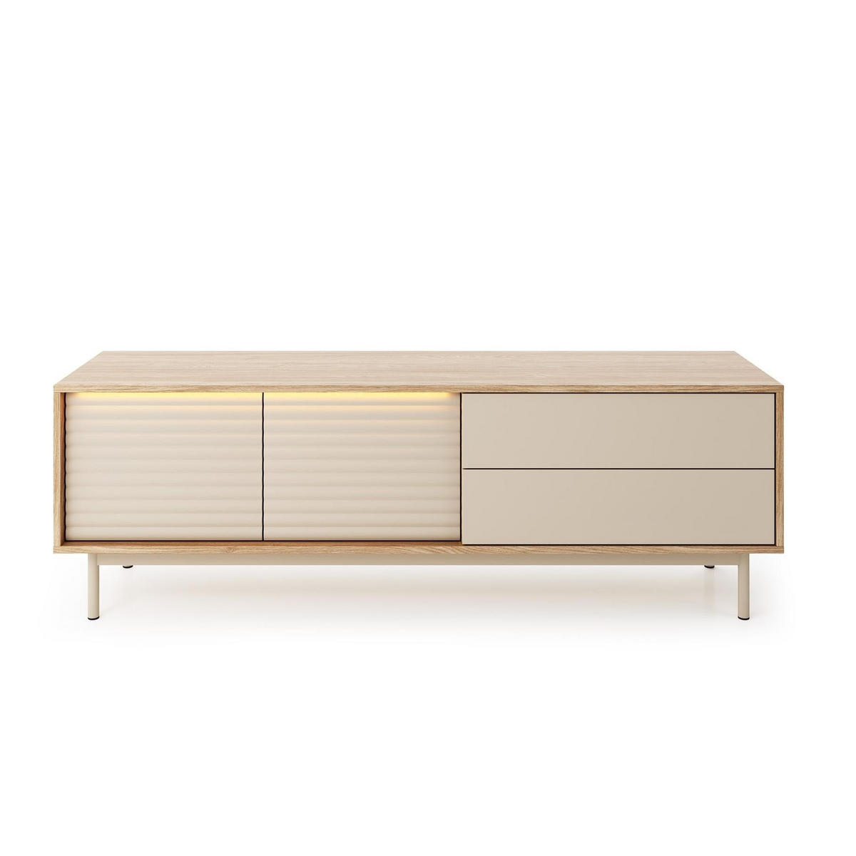 RTV-SCHRANK Latilo Kaschmir, zweitürige TV-Tisch mit Schubladen und LED - Kaschmir/Braun, Holzwerkstoff (160/53/40cm) - Bettso