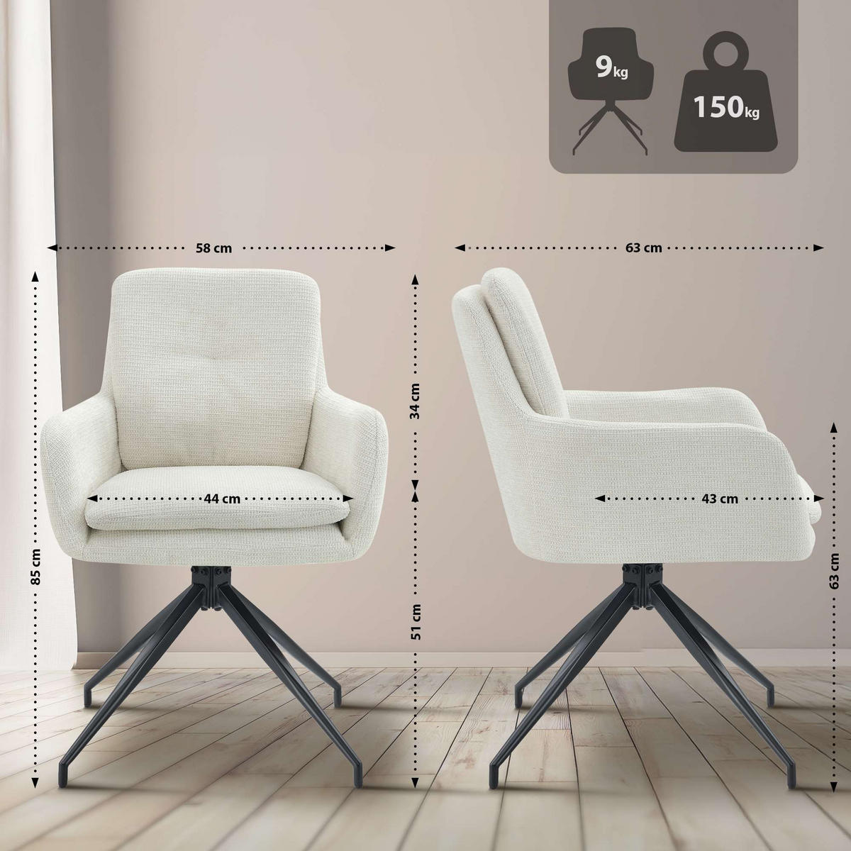 ESSZIMMERSTUHL Stoff Creme - Creme/Schwarz, Textil/Metall (58/85/63cm) - CLP