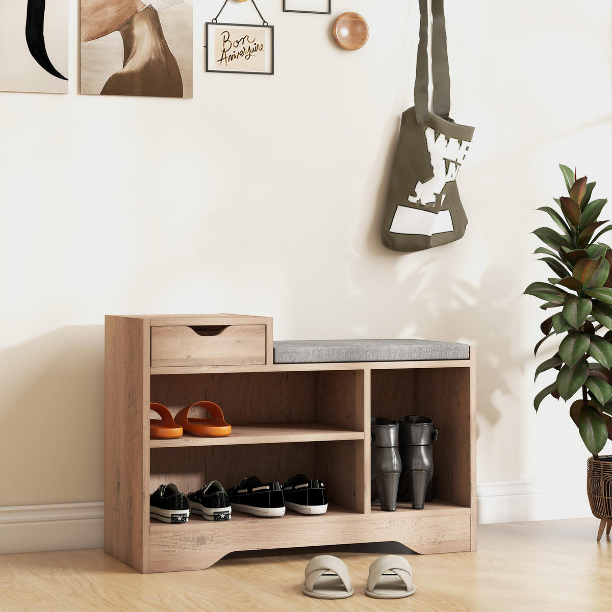SCHUHBANK Grau 76,5/30/52 cm mit Schublade und Sitzkissen - Grau, Holzwerkstoff (76.5/52/30cm) - PANGIVO