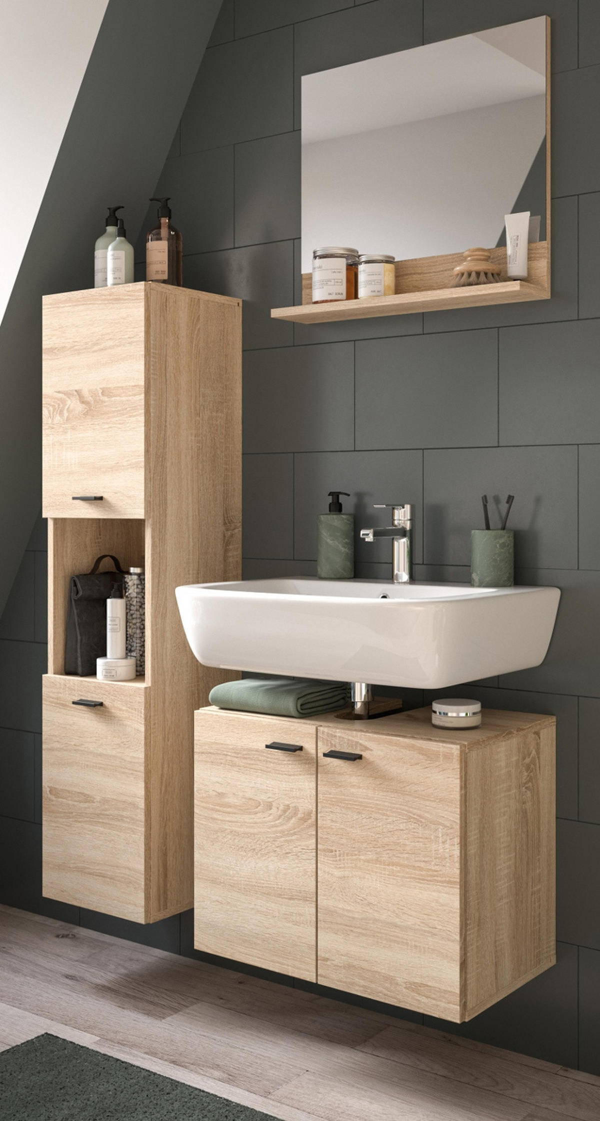 BADMÖBEL-SET Eiche 3-teilig 100 cm, Komplettset hängend oder stehend - Eichefarben, Glas/Holzwerkstoff (102/186/33cm) - Inn.Furn