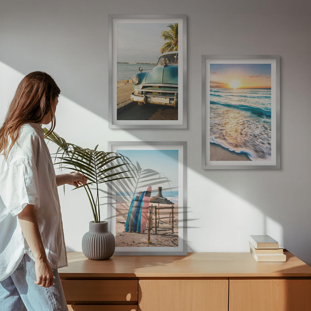 WANDBILDER 3er Set - 40x60 cm Silberner Rahmen - Sonnenuntergangsurlaub in Miami - Silberfarben, Kunststoff (40/60cm) - ArtPrintCave