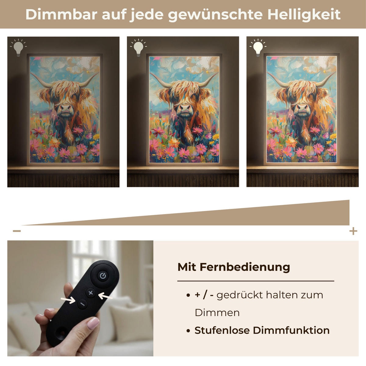 NÁSTĚNNÁ LAMPA S AKUMULÁTOREM Skotský horal - Příroda - Barevné - Květiny 40x60 cm - různobarevná, kompozitní dřevo (40/60/8cm) - OnlyWow