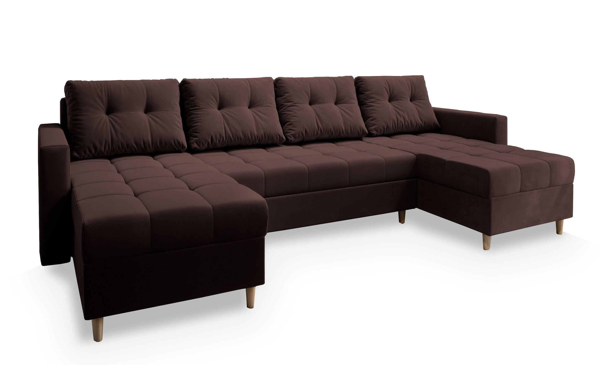 WOHNLANDSCHAFT MILO U Braun Plüsch-Stoff mit Schlaffunktion - Braun, Holz (285/91/140cm) - MASSENO