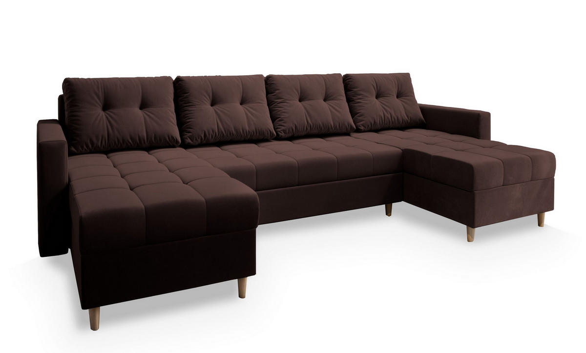 WOHNLANDSCHAFT MILO U Braun Plüsch-Stoff mit Schlaffunktion - Braun, Holz (285/91/140cm) - MASSENO
