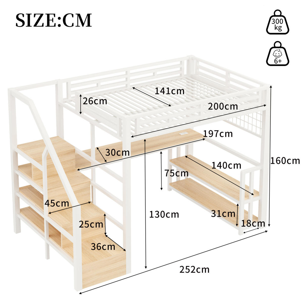 HOCHBETT 140/200 cm weiß aus Metall und MDF mit Schreibtisch - Weiß, Metall (140/200cm) - OKWISH