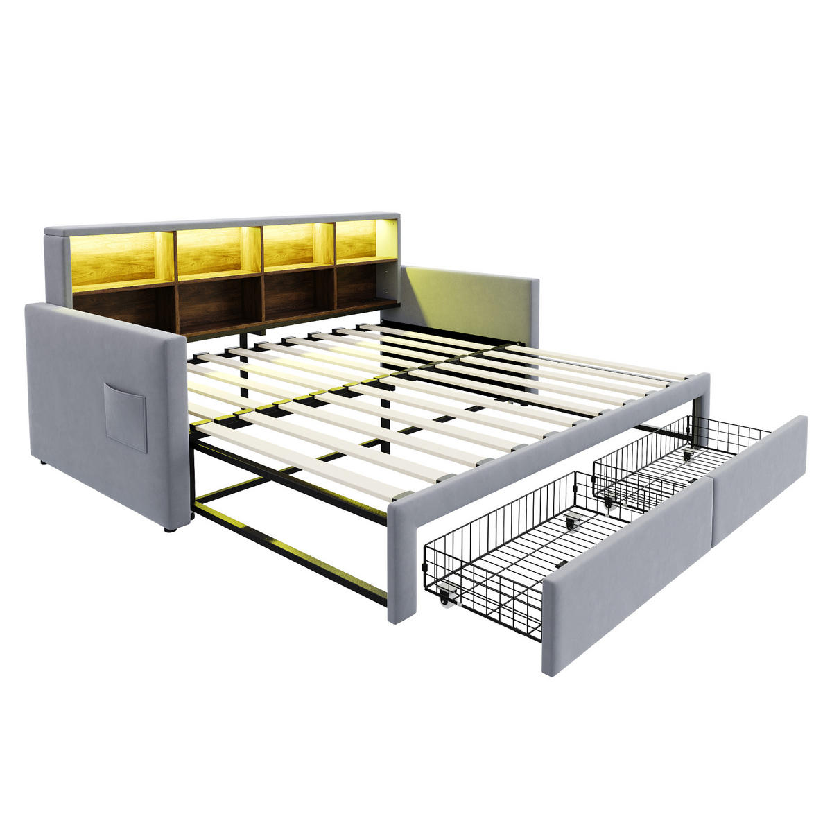 AUSZIEHBETT 90/180/190 cm DE-02121, in Hellgrau, mit LED, Staufächern und 2 Schubladen - Hellgrau, Metall (90/190cm) - ComfortXL