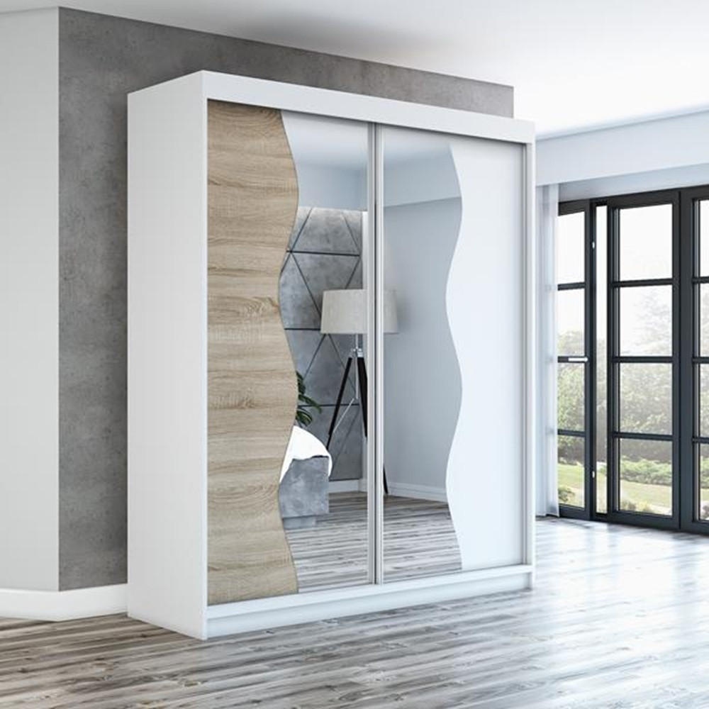 SCHWEBETÜRENSCHRANK 160 CM RIMA Farbe: Weiß / sonoma / weiß - Weiß/Braun, Holzwerkstoff (160/215/59.5cm) - A&J MöbelLand