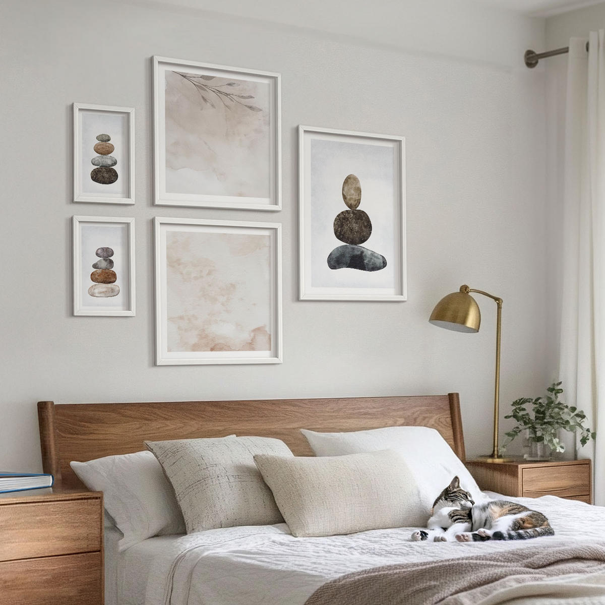 BILDER SET 5er Set - 50x50 cm & 20x30 cm & 40x60 cm Weißer Rahmen - Steinstapel-Boho-Malerei - Weiß, Kunststoff (40/60cm) - TULUP
