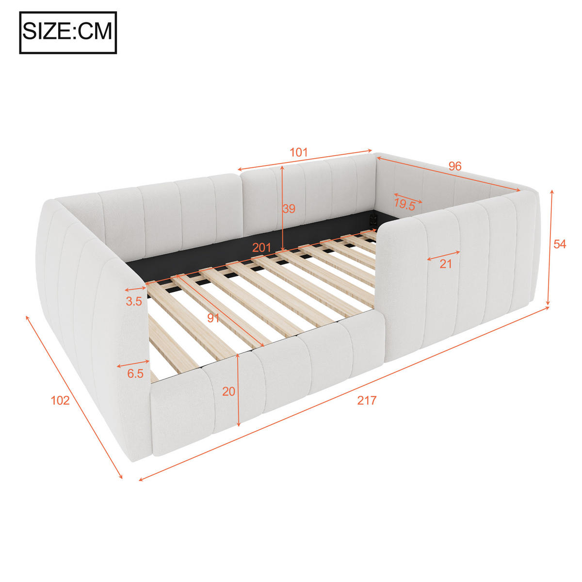 POLSTERBETT 90/200 cm in Beige mit Sicherheitsgitter - Beige, Holzwerkstoff/Textil (90/200cm) - WISHDOR