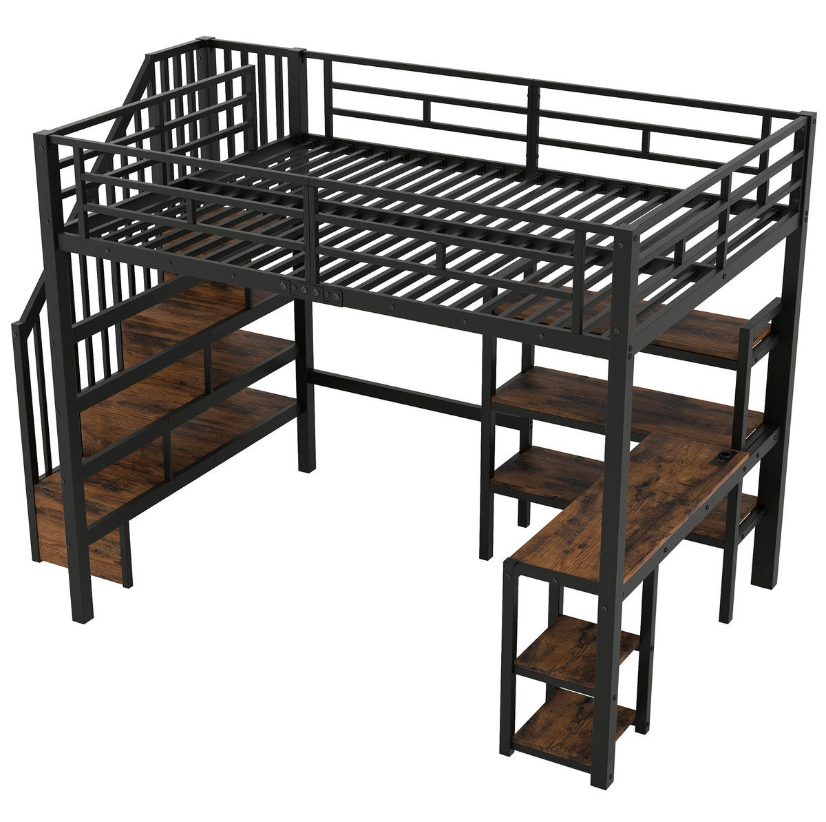 HOCHBETT MDF Metall 140x200 cm Schwarz mit Schreibtisch, Stauraumtreppe, Regal, LED und Ladestation - Schwarz, Holzwerkstoff (140/200cm) - Modfu