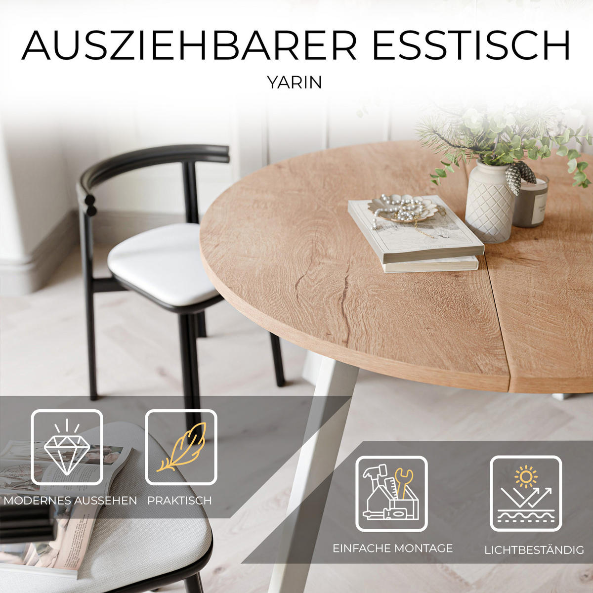 TISCH Weiße Beine, MDF Tischplatte, Lefkas Eiche - Braun/Weiß, Holzwerkstoff (100/100/76cm) - Idohome