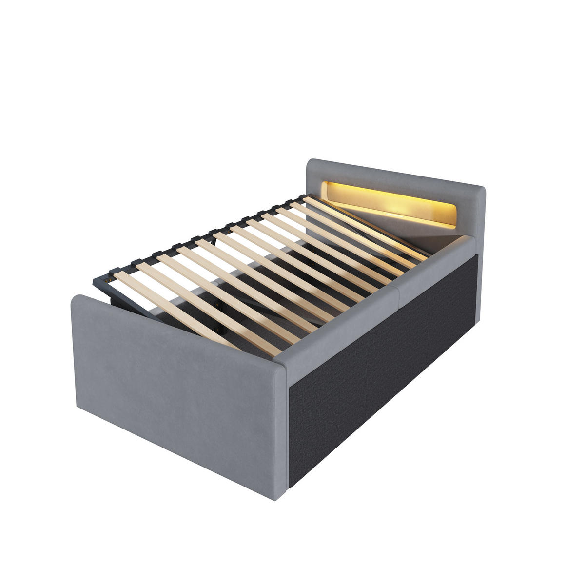 KINDEREINZELBETTEN aus Samtstoff 90 x 200 cm in Hellgrau mit LED, USB & Stauraum - Hellgrau, Textil (90/200cm) - Modfu