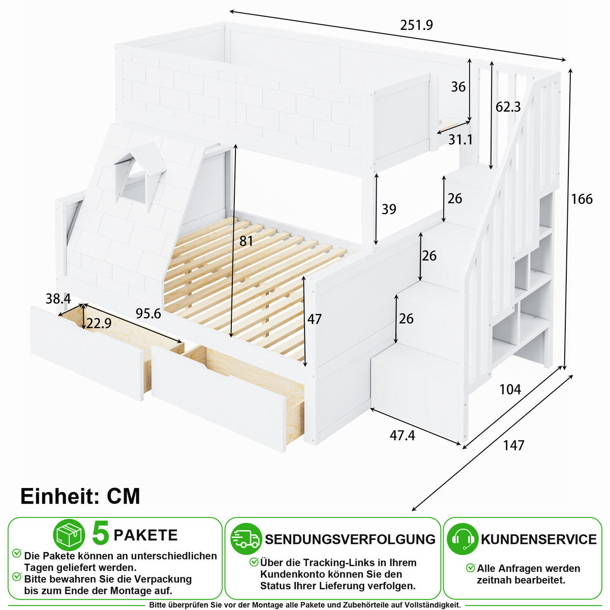 ETAGENBETT 90/200 cm & 140/200 cm in Weiß mit Treppe, 2 Schubladen und Fenster - Weiß, Holz/Holzwerkstoff (90/200cm) - CHICFURN