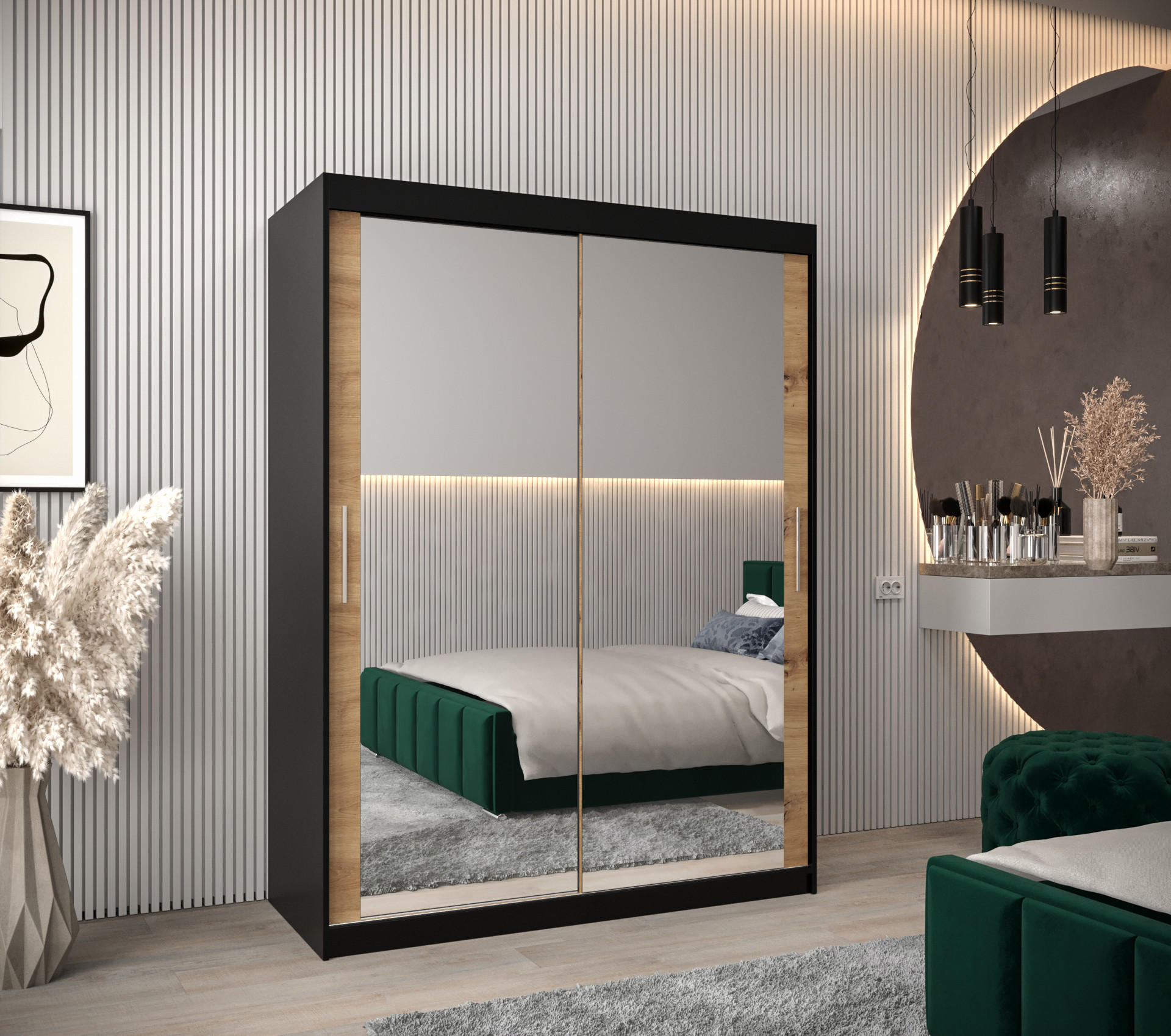 SCHWEBETÜRENSCHRANK 200/150/62 2-türig - Silberfarben/Schwarz, Holz/Kunststoff (150/200/62cm) - Abiks Möbel